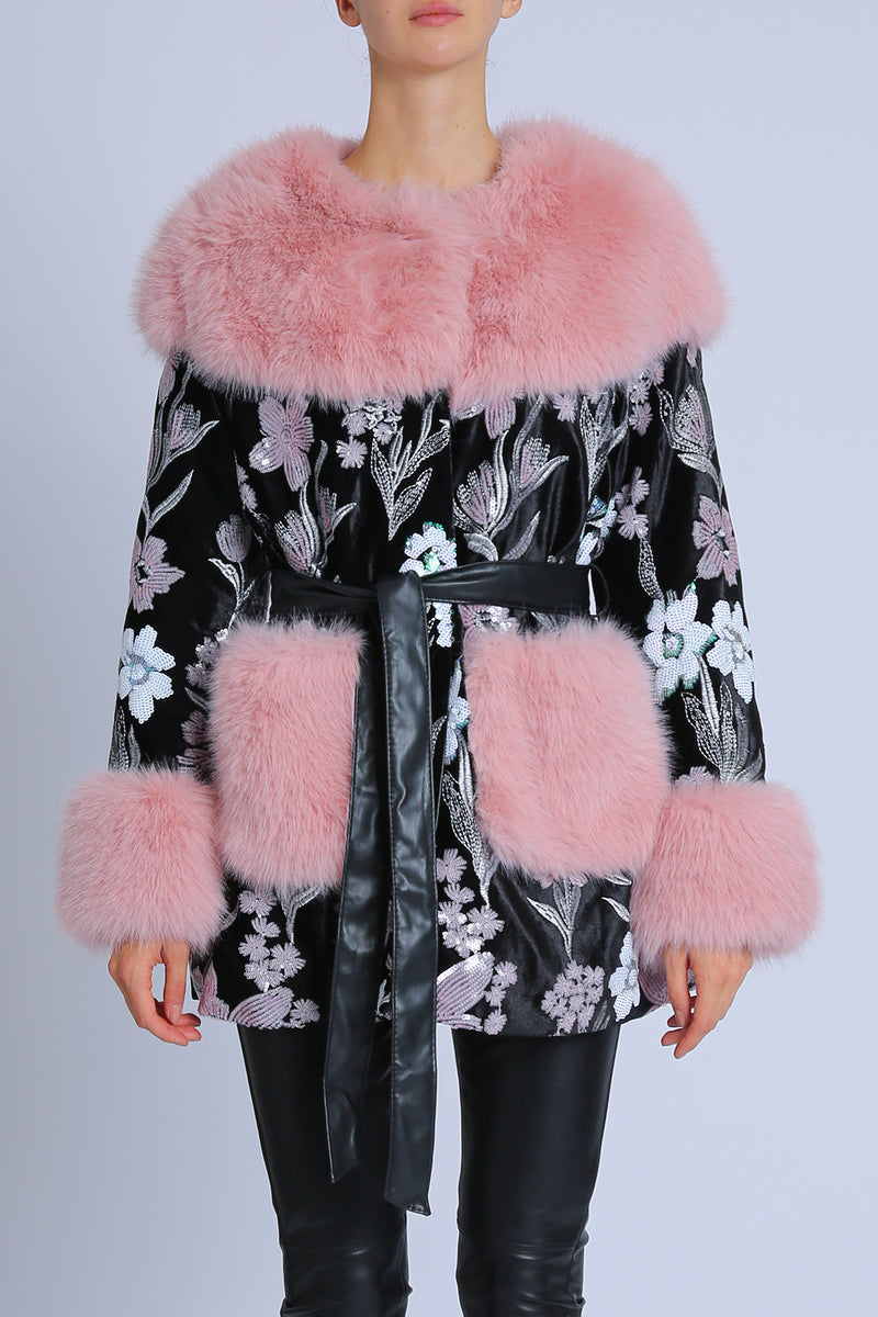 Min Floral Embroidered Volume Faux Fur Trim Coat - Shop Beulah Style