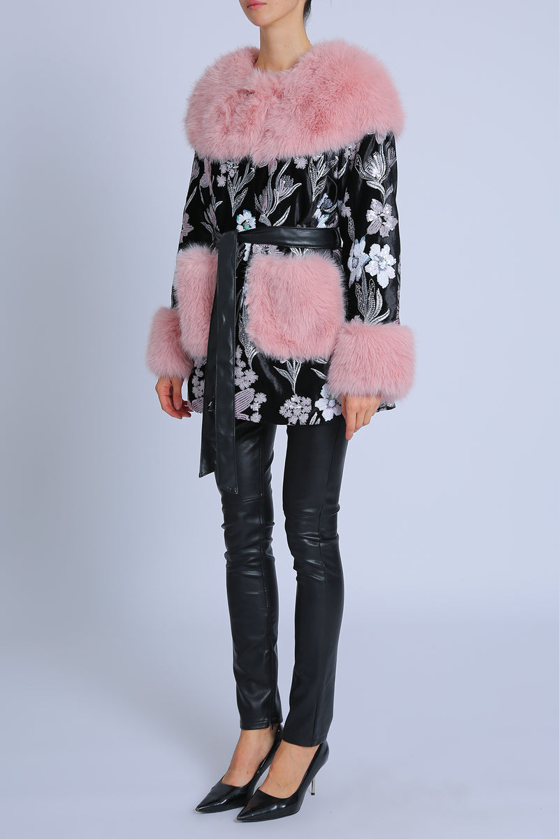 Min Floral Embroidered Volume Faux Fur Trim Coat - Shop Beulah Style