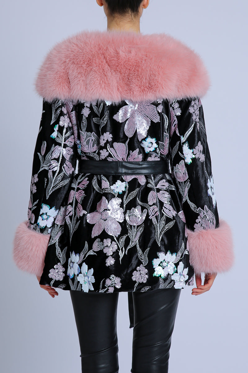 Min Floral Embroidered Volume Faux Fur Trim Coat - Shop Beulah Style