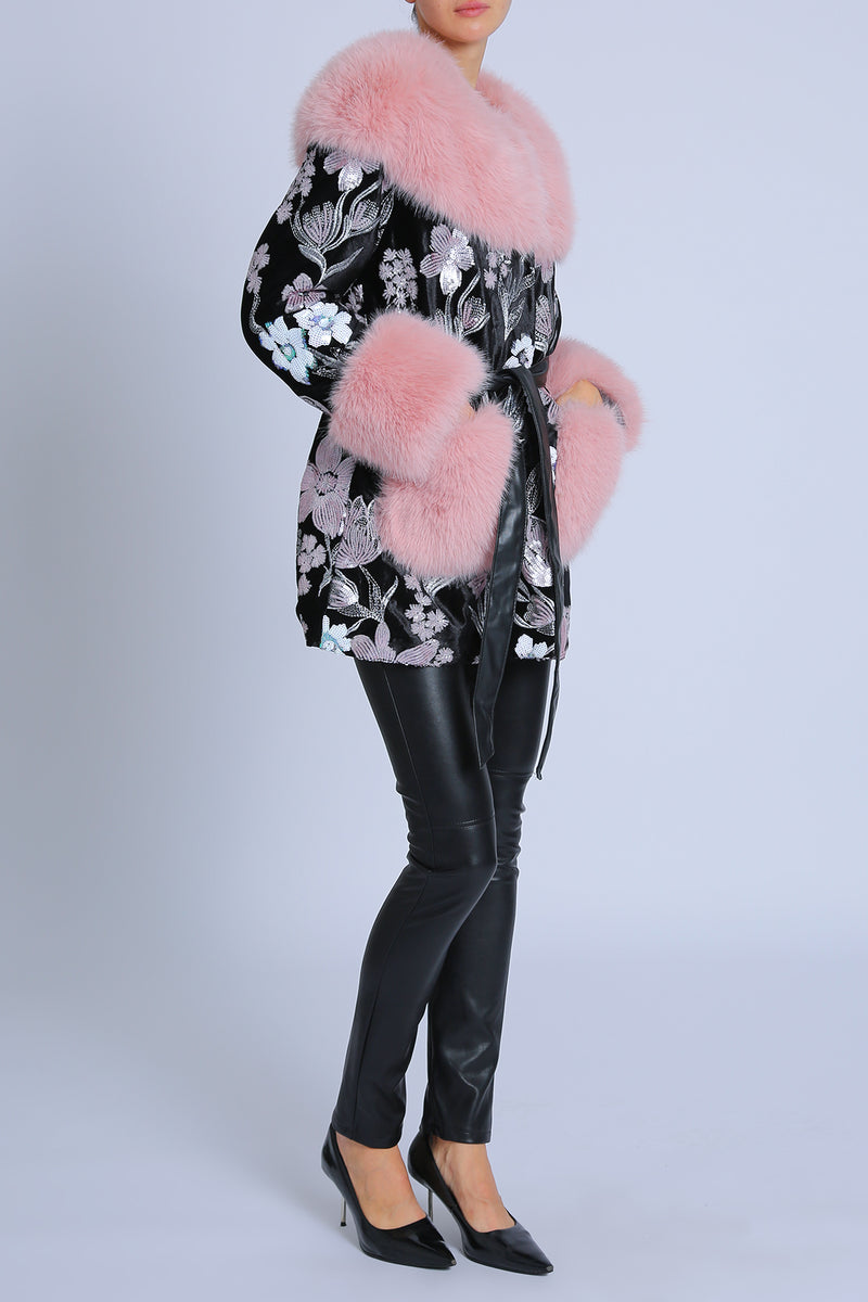 Min Floral Embroidered Volume Faux Fur Trim Coat - Shop Beulah Style