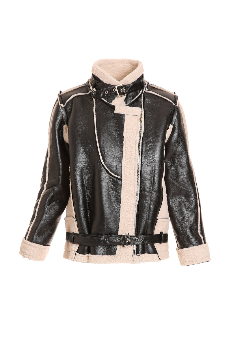 Ares Vegan Leather & Shearling Trim Belted Coat - Shop Beulah Style