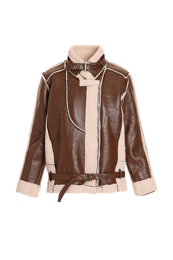 Ares Vegan Leather & Shearling Trim Belted Coat - Shop Beulah Style