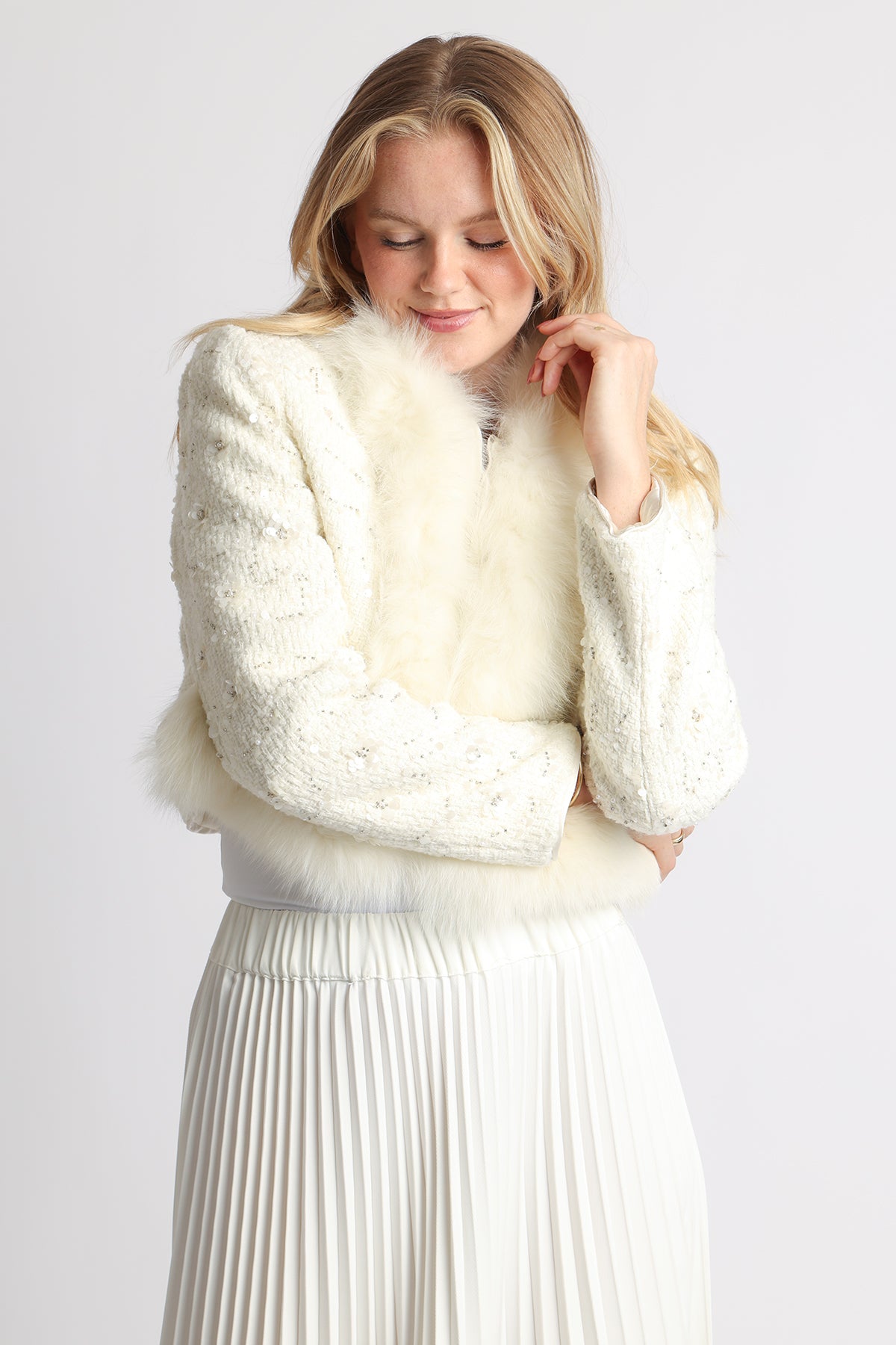 Sally Multi-Embellished Volume Faux Fur Trimmed Tweed Jacket - Shop Beulah Style