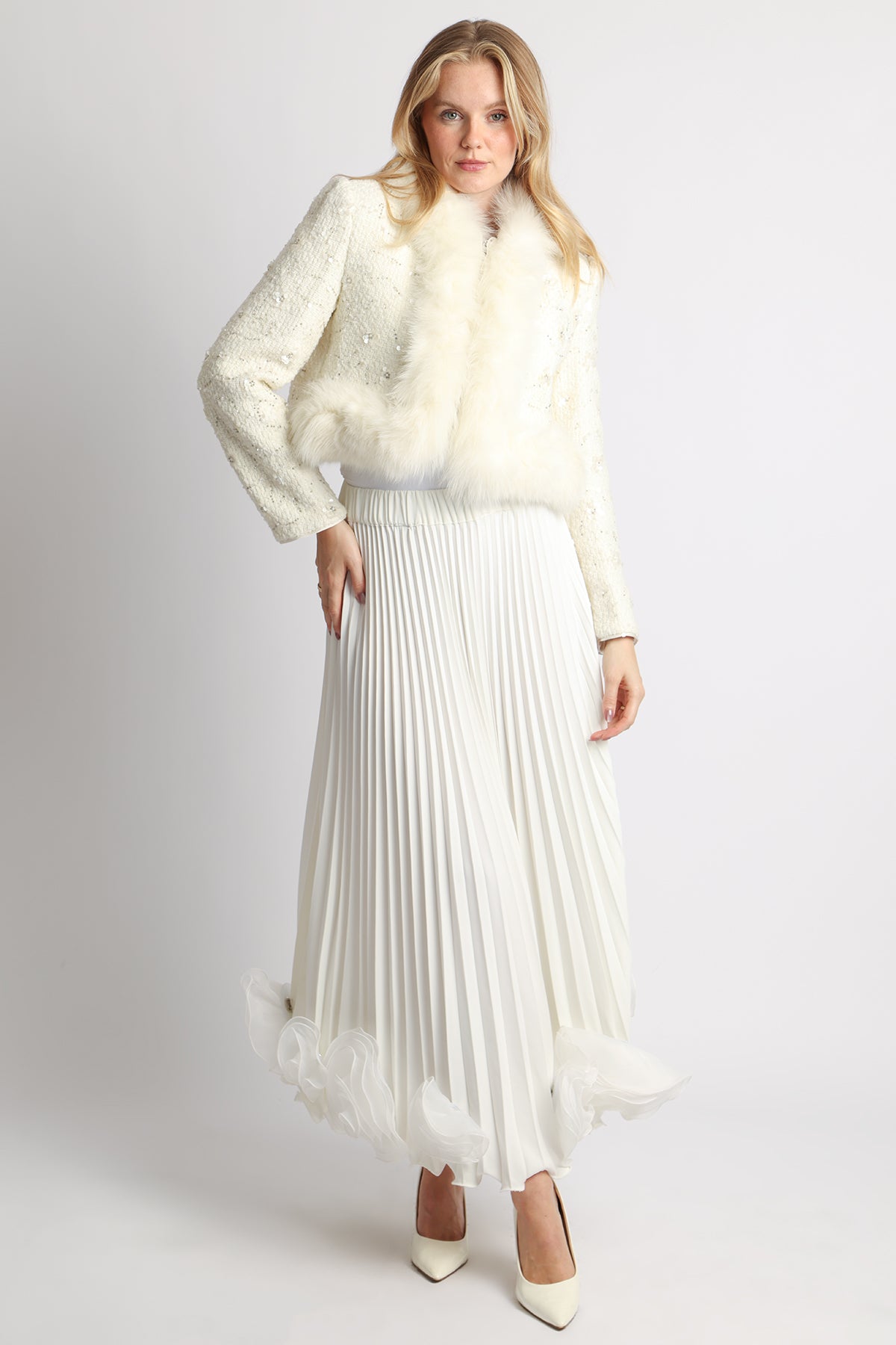 Sally Multi-Embellished Volume Faux Fur Trimmed Tweed Jacket - Shop Beulah Style