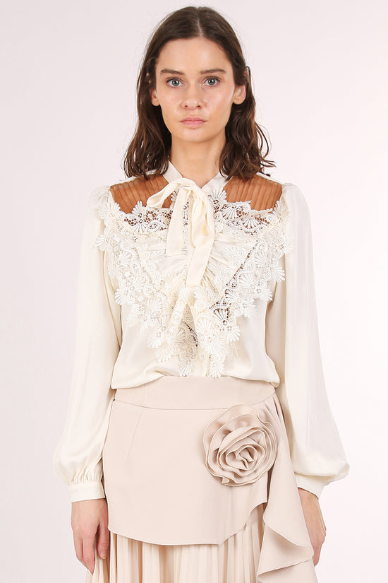 Benedict Satin Front Ruffled Lace Detail Bowtie Blouse - Shop Beulah Style