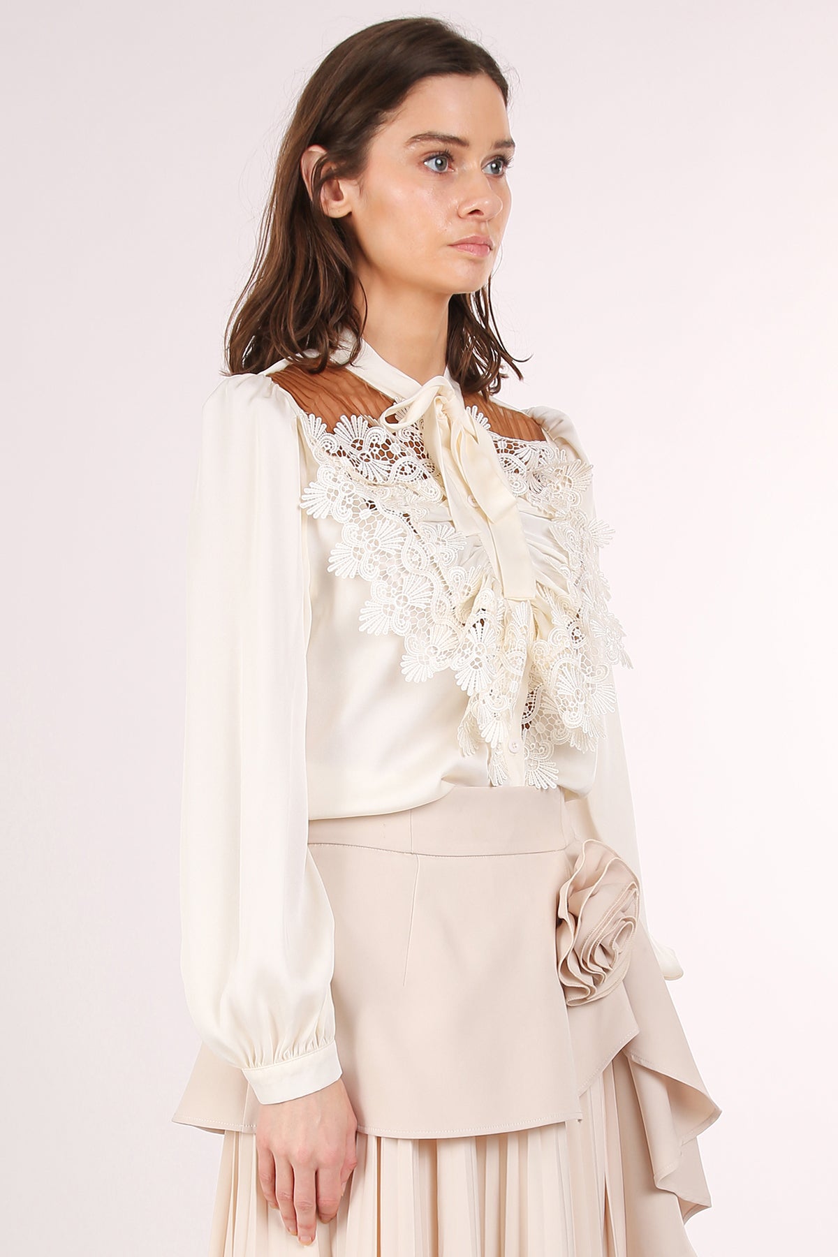 Benedict Satin Front Ruffled Lace Detail Bowtie Blouse - Shop Beulah Style