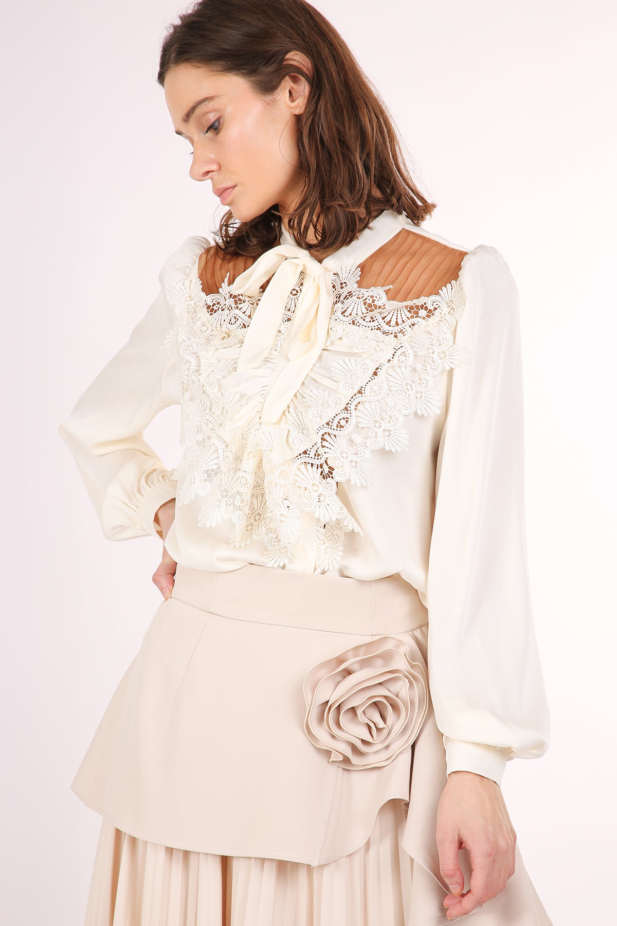 Benedict Satin Front Ruffled Lace Detail Bowtie Blouse - Shop Beulah Style