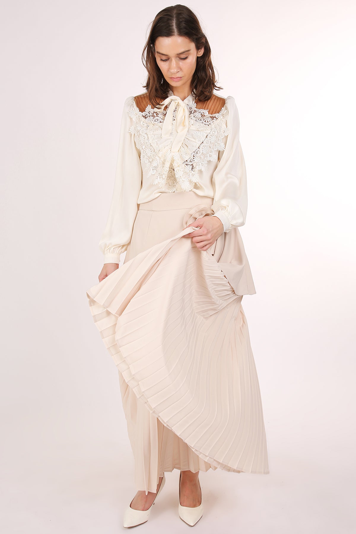 Benedict Satin Front Ruffled Lace Detail Bowtie Blouse - Shop Beulah Style