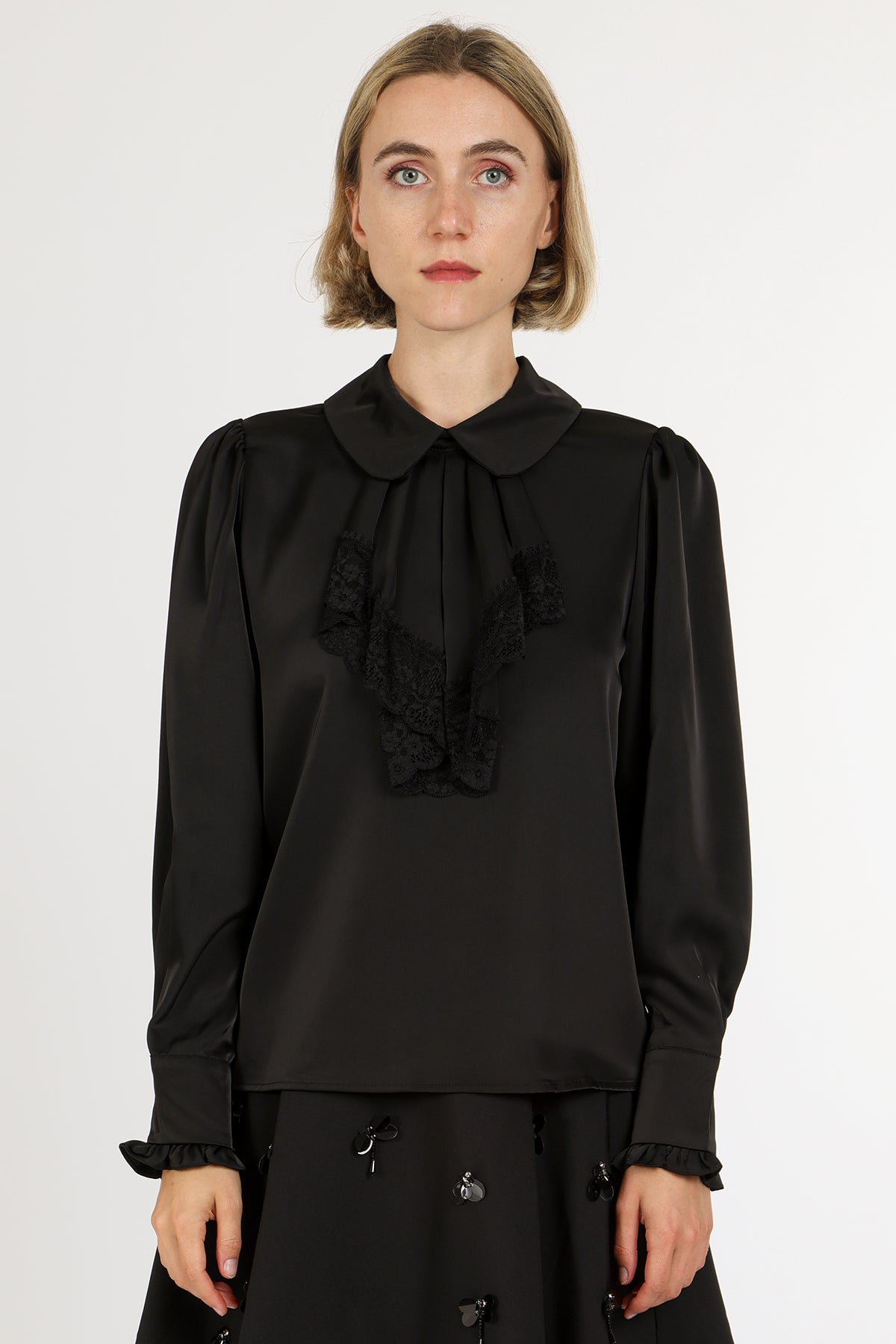 Alice Lace Trim Ruffle Peter Pan Satin Blouse - Shop Beulah Style
