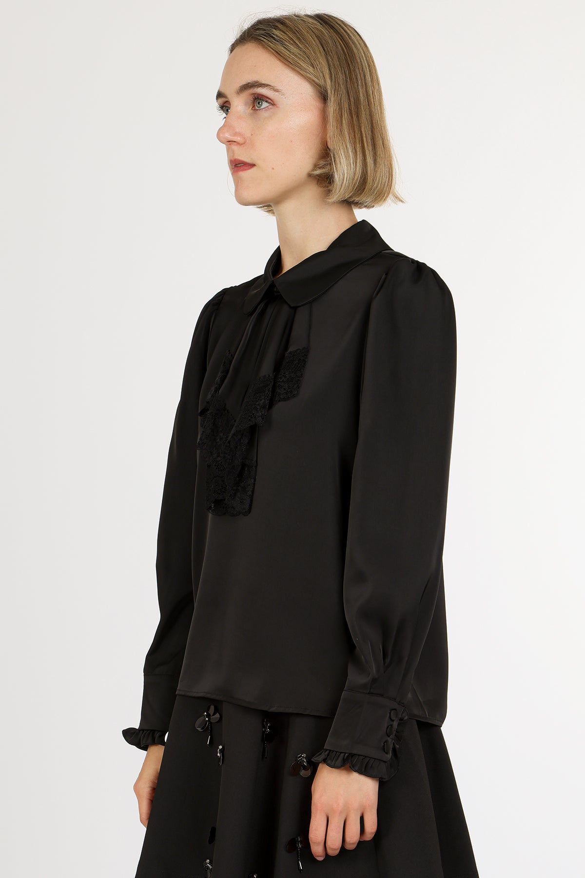 Alice Lace Trim Ruffle Peter Pan Satin Blouse - Shop Beulah Style