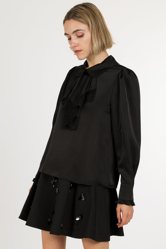 Alice Lace Trim Ruffle Peter Pan Satin Blouse - Shop Beulah Style