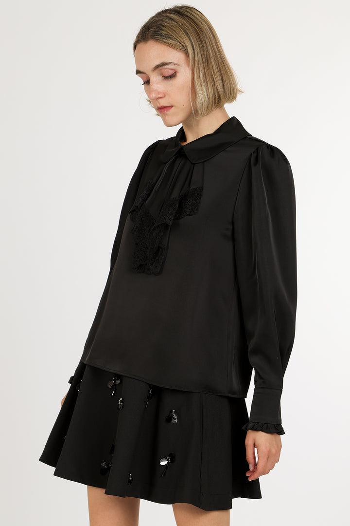Alice Lace Trim Ruffle Peter Pan Satin Blouse - Shop Beulah Style