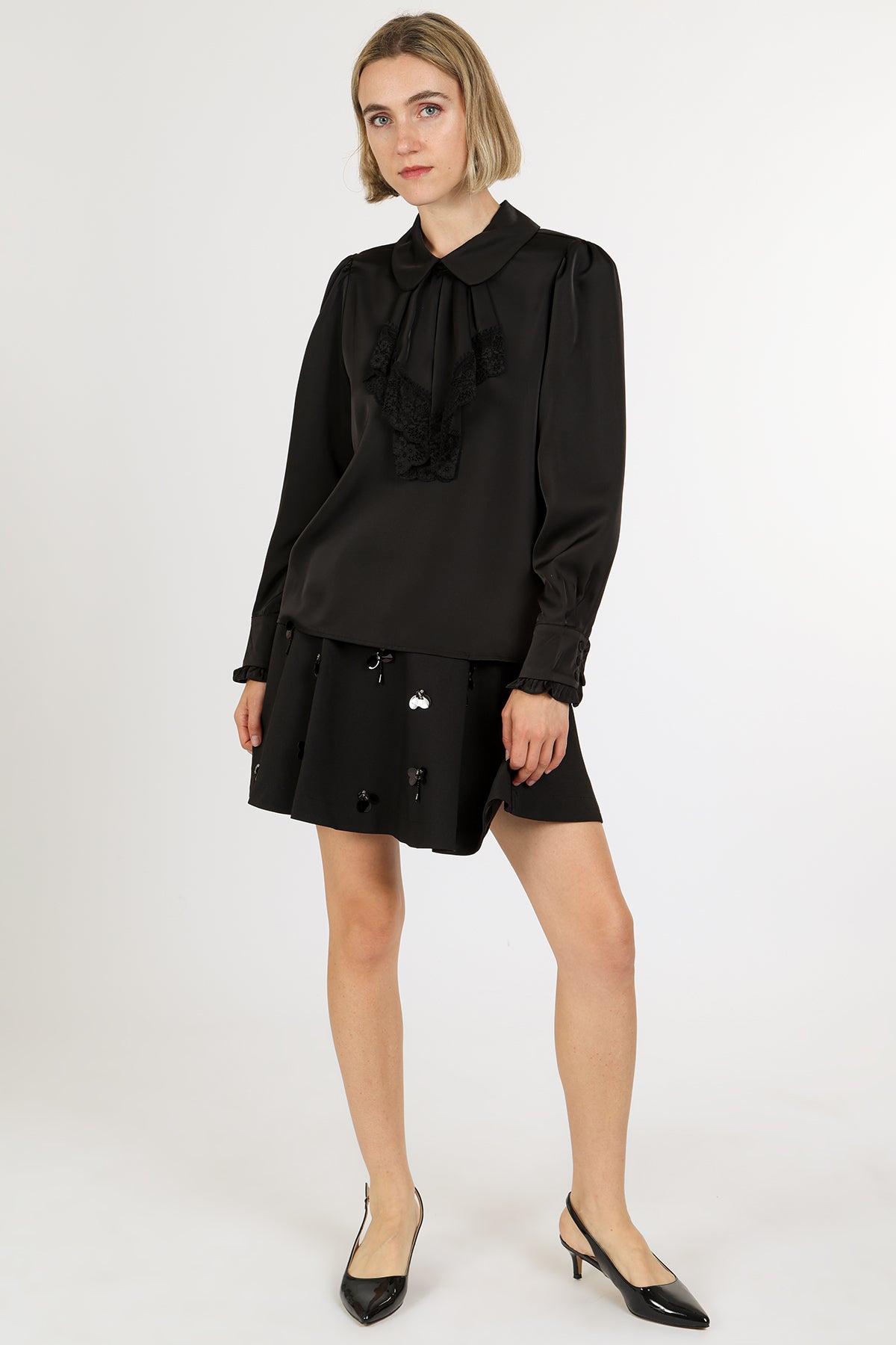 Alice Lace Trim Ruffle Peter Pan Satin Blouse - Shop Beulah Style