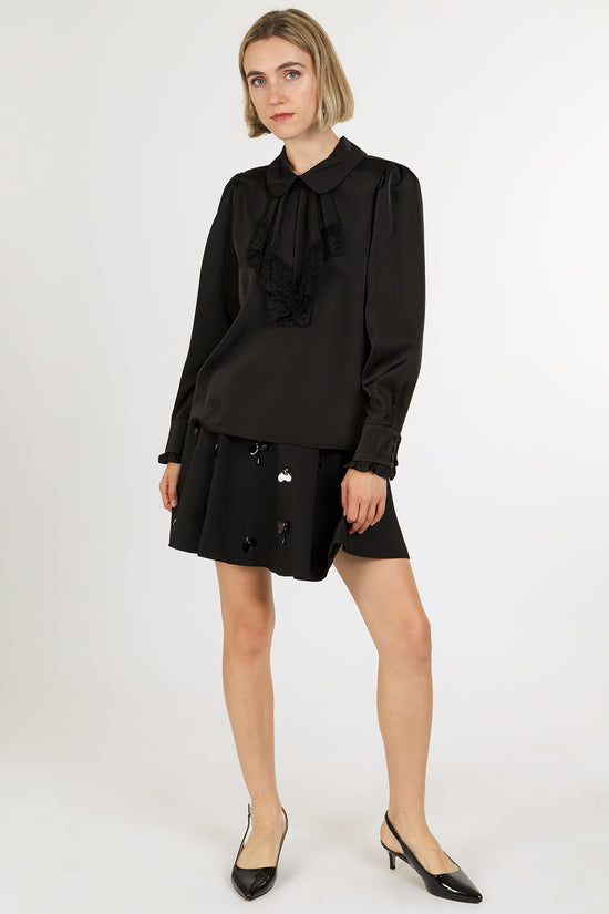 Alice Lace Trim Ruffle Peter Pan Satin Blouse - Shop Beulah Style
