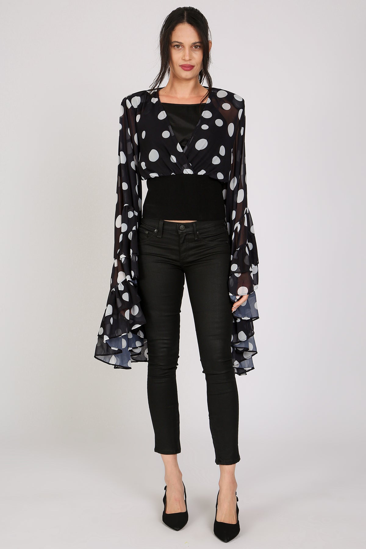 Jarvis Polka Dot Printed Ruffled Flare Chiffon Blouse - Shop Beulah Style