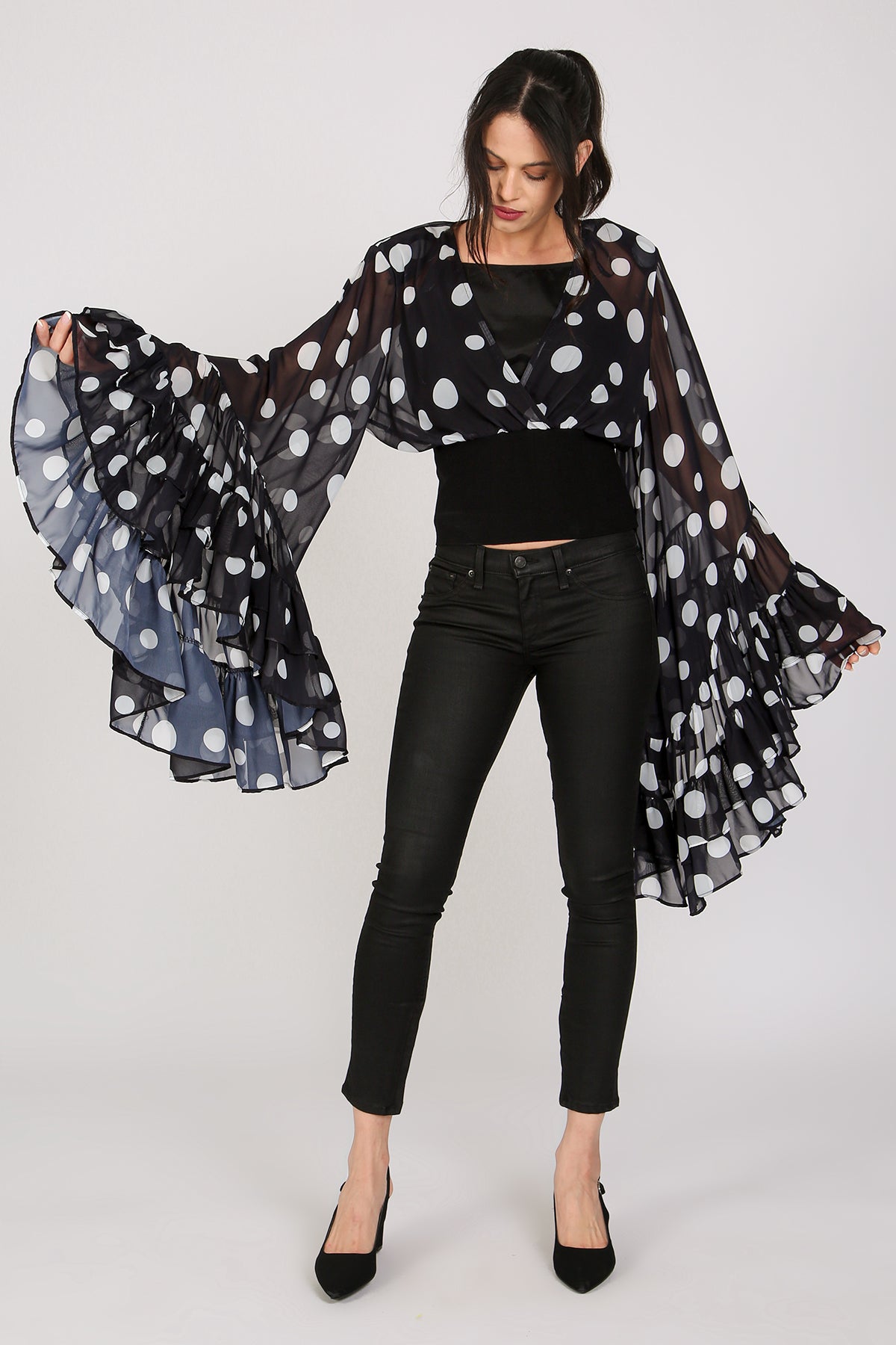 Jarvis Polka Dot Printed Ruffled Flare Chiffon Blouse - Shop Beulah Style