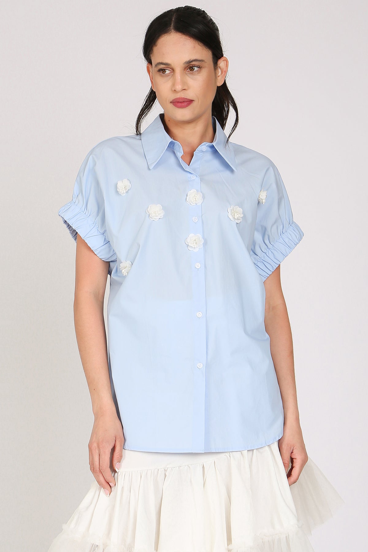 Mireille Floral Applique Poplin Long Blouse - Shop Beulah Style