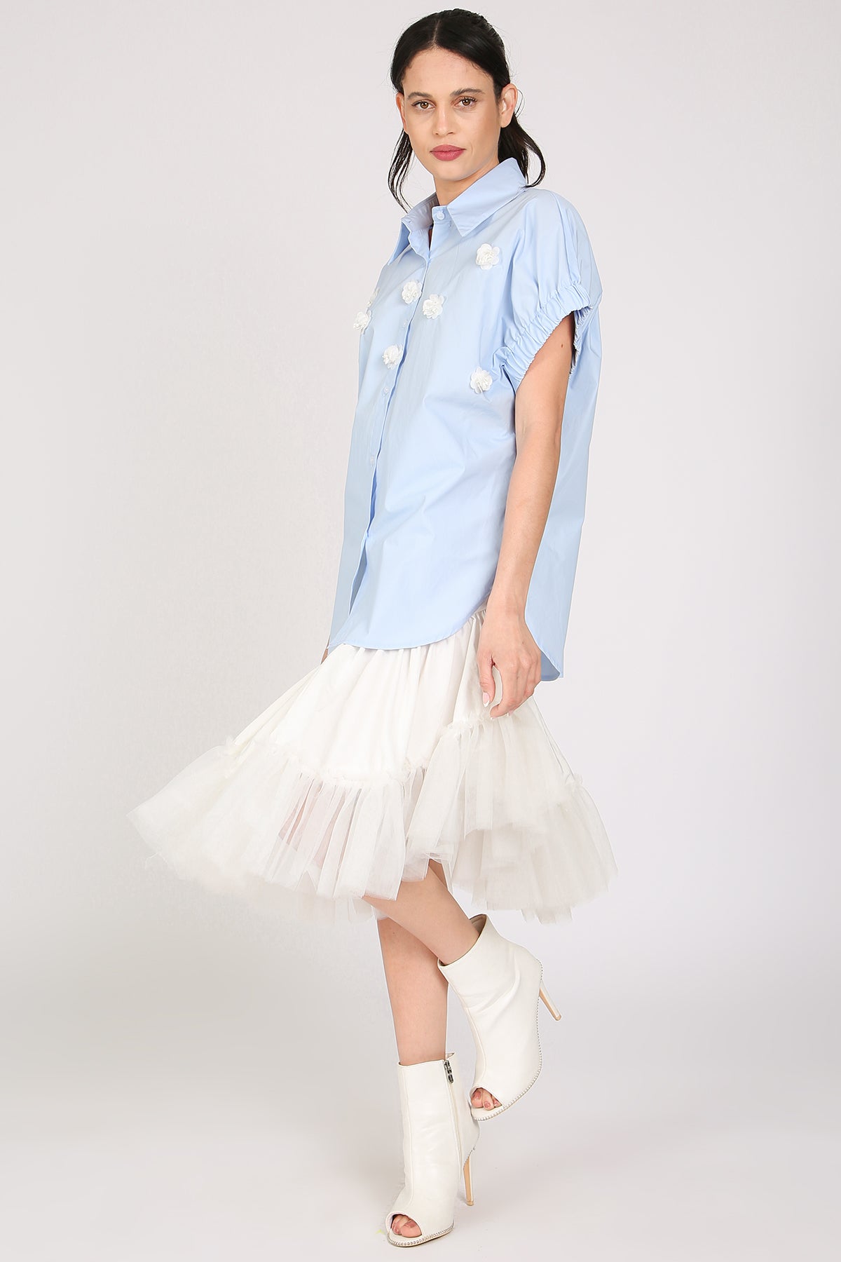 Mireille Floral Applique Poplin Long Blouse - Shop Beulah Style