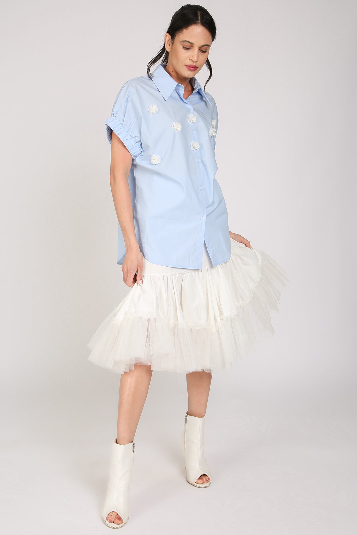 Mireille Floral Applique Poplin Long Blouse - Shop Beulah Style