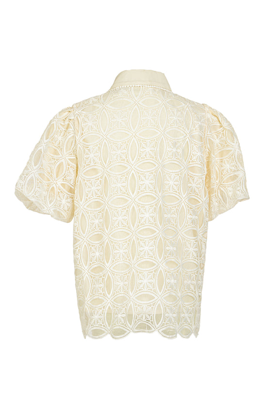 Blaine Floral Embroidered Detail Lace Trim Puff Blouse