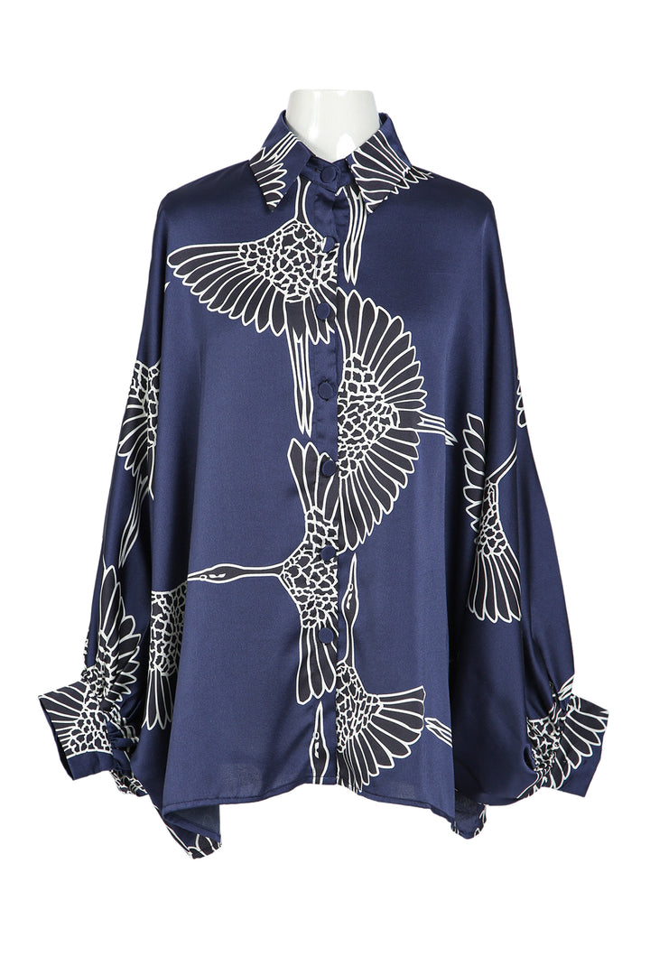 Zoe Abstract Crane Printed Satin Blouse