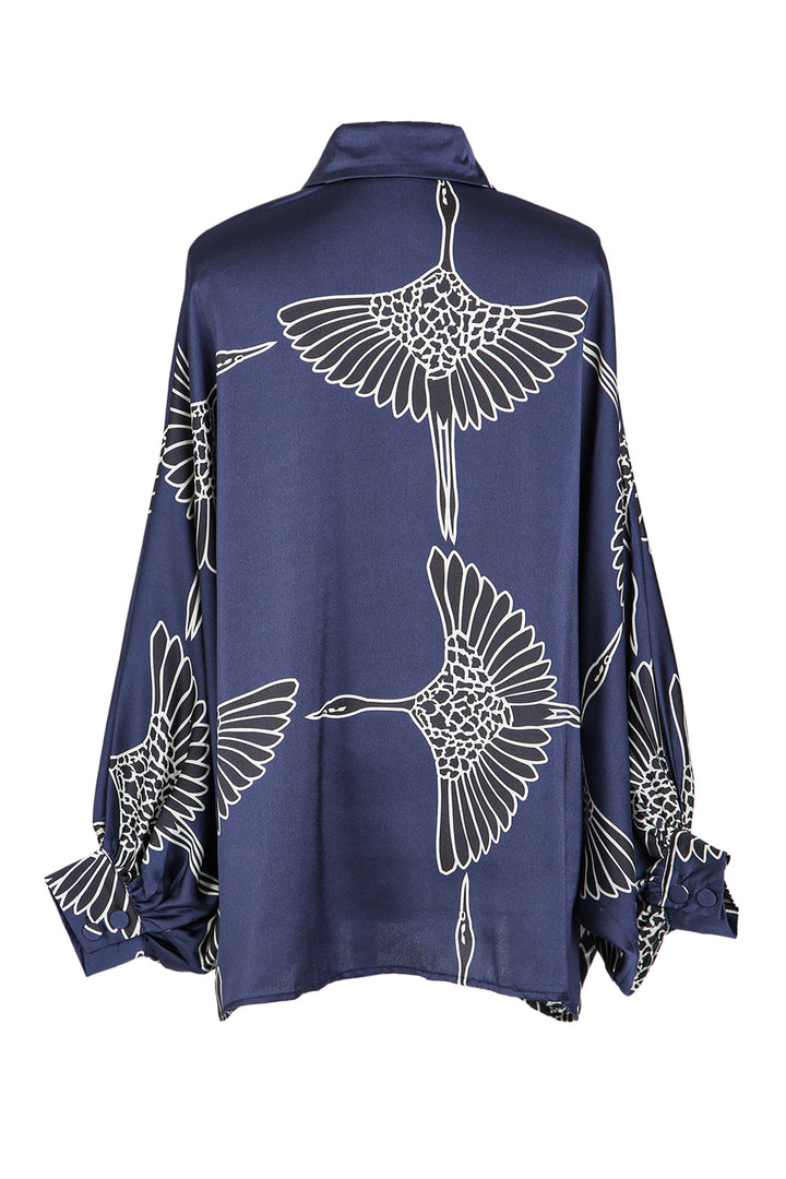 Zoe Abstract Crane Printed Satin Blouse