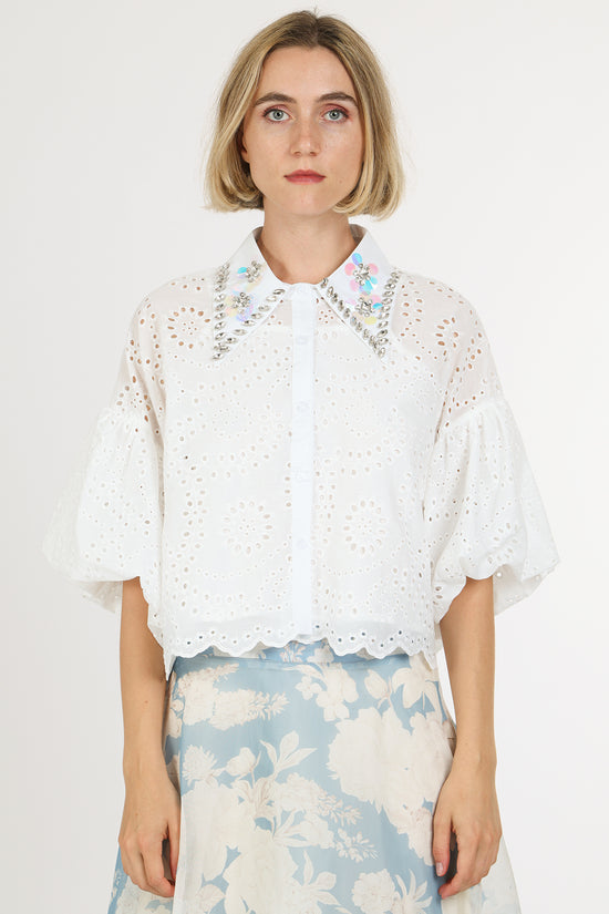 Eric Iridescent Sequined & Embellished Eyelet Blouse - Shop Beulah Style