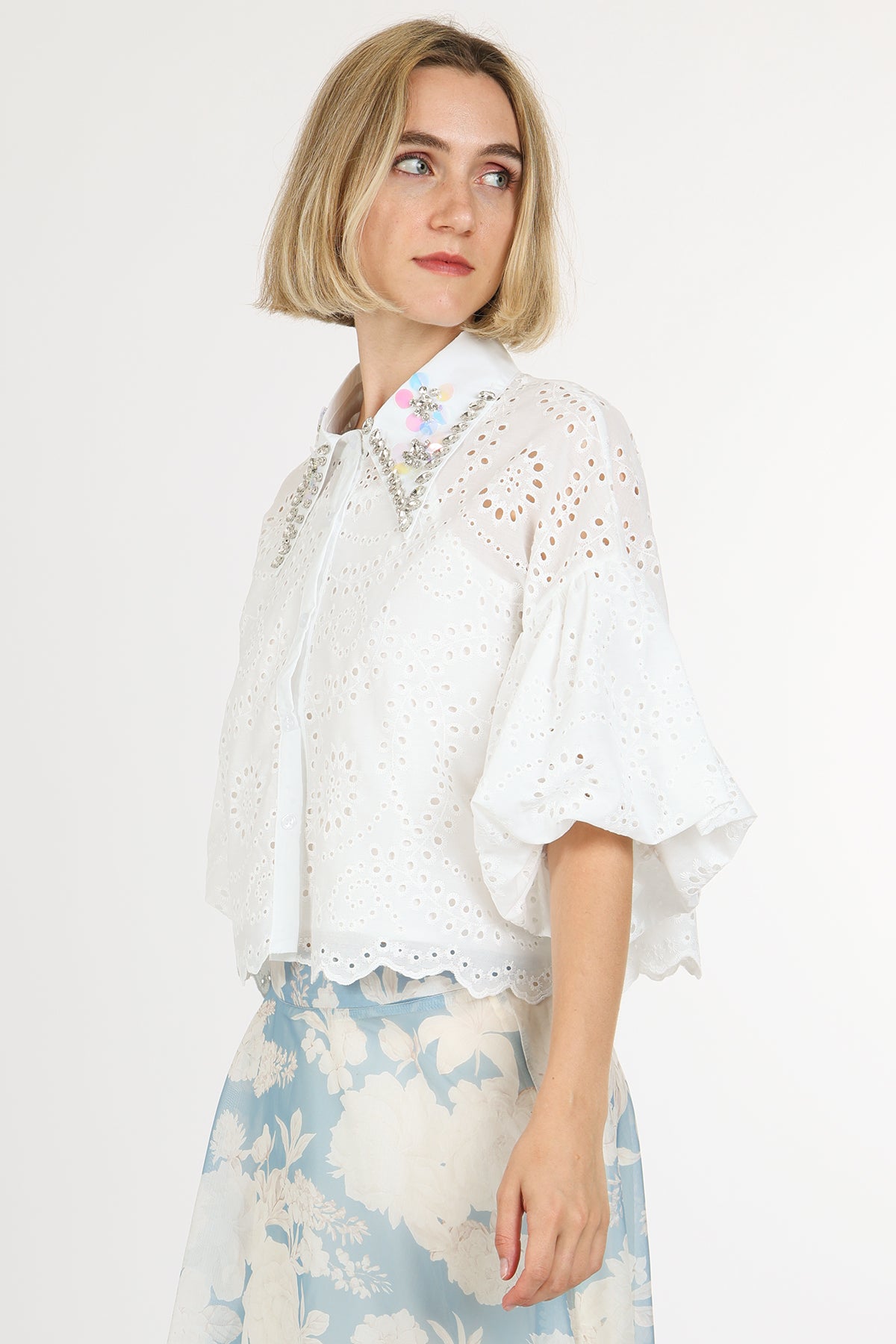 Eric Iridescent Sequined & Embellished Eyelet Blouse - Shop Beulah Style