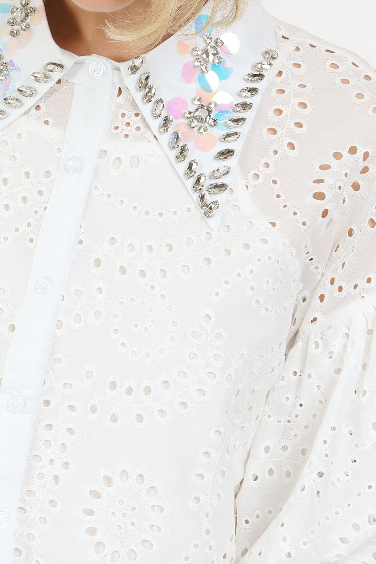 Eric Iridescent Sequined & Embellished Eyelet Blouse - Shop Beulah Style