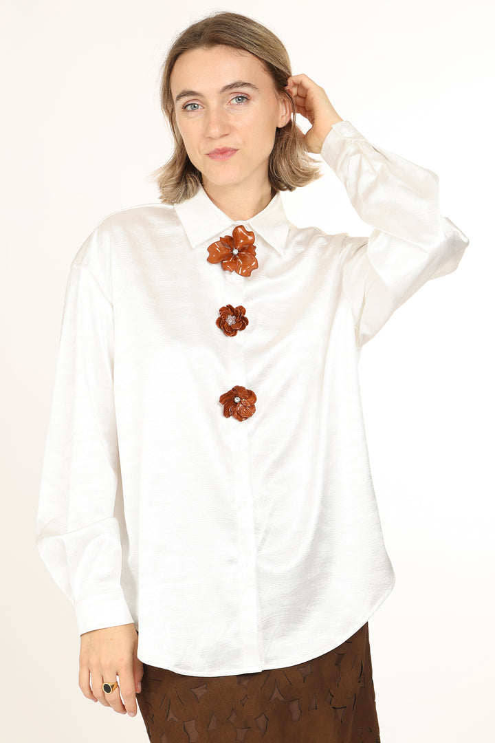 Greta Triple Floral Applique Textured Satin Shirt - Shop Beulah Style