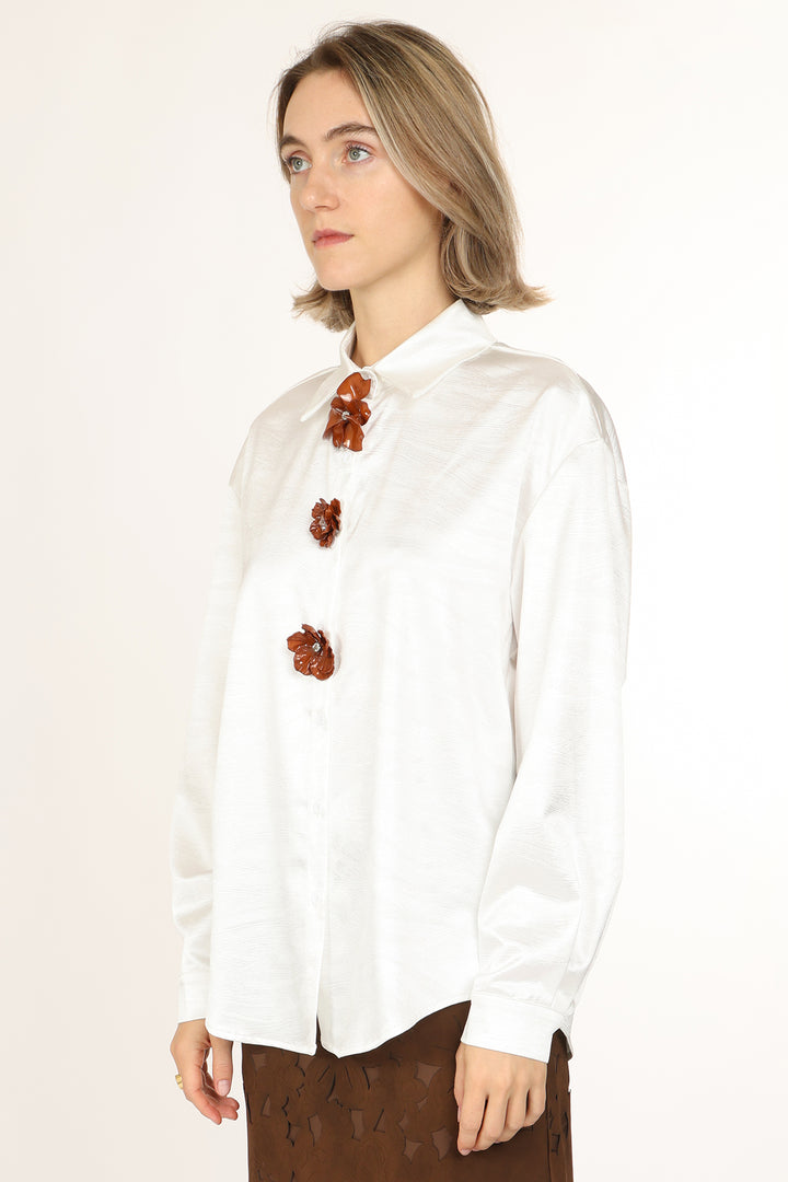 Greta Triple Floral Applique Textured Satin Shirt - Shop Beulah Style