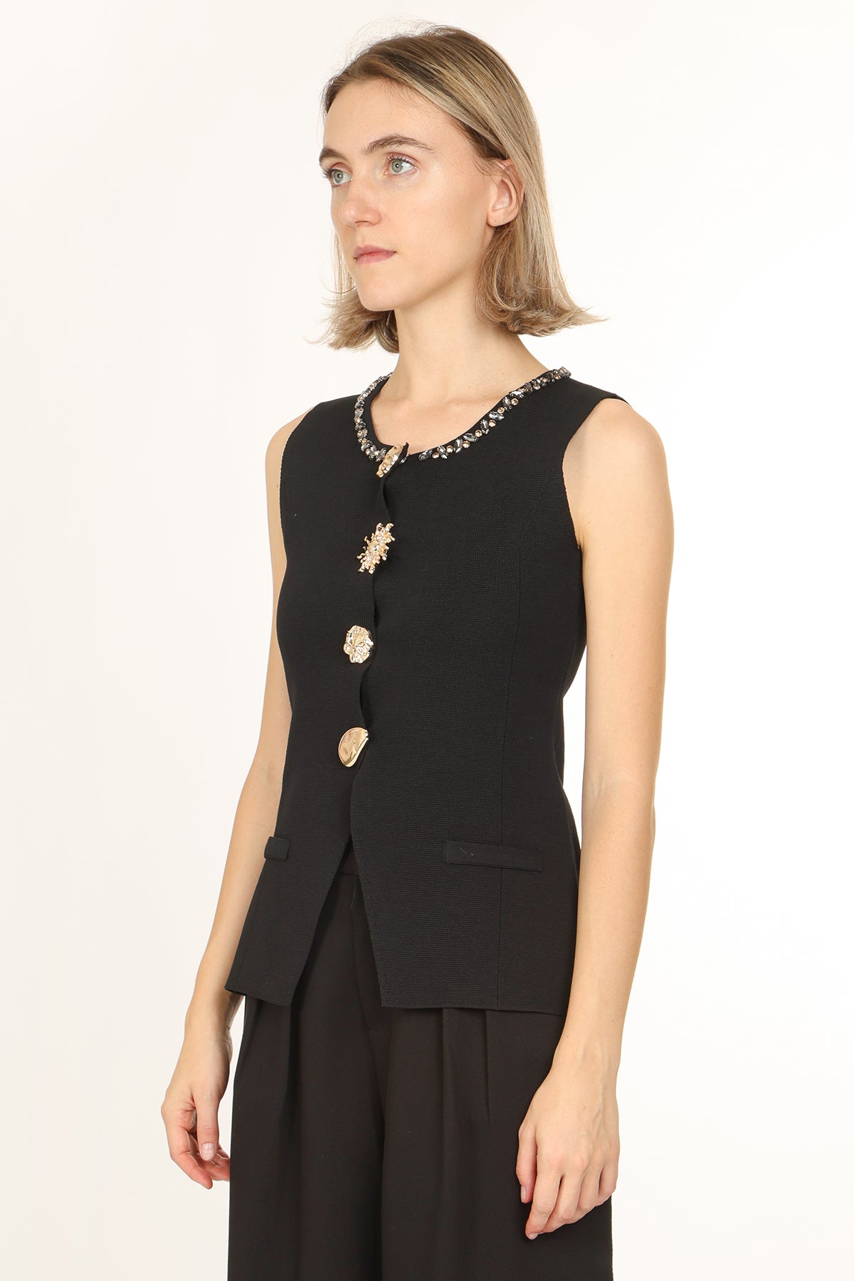 Rocky Beaded Collar Metallic Multi-Button Sleeveless Top - Shop Beulah Style