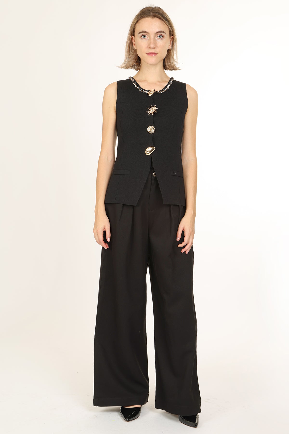 Rocky Beaded Collar Metallic Multi-Button Sleeveless Top - Shop Beulah Style