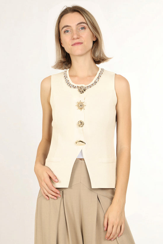 Rocky Beaded Collar Metallic Multi-Button Sleeveless Top - Shop Beulah Style
