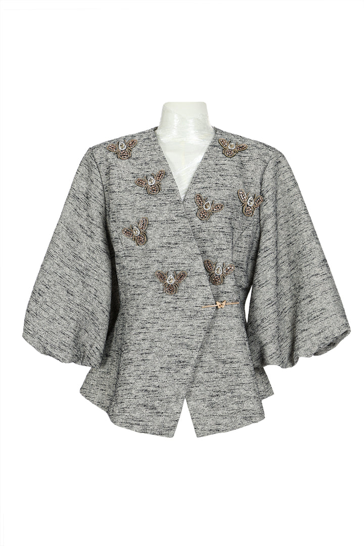 Zack Embellished Applique V-Neck Wrap Tweed Tunic