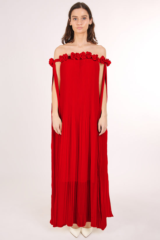 Samantha Multi Floral Corsage Off Shoulder Pleat Maxi Dress - Shop Beulah Style