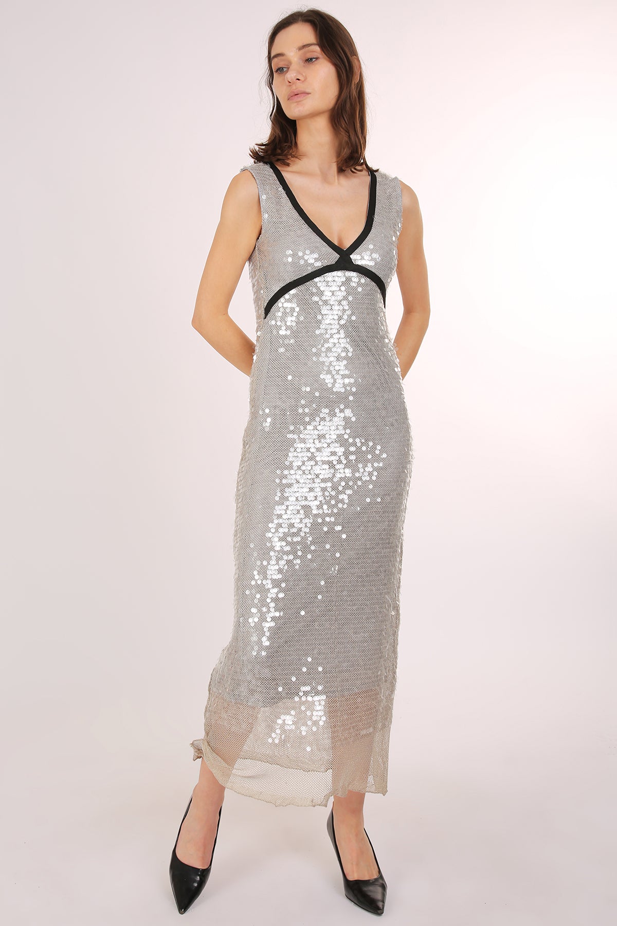 Trinity Sequined Mesh Contrast Lined Scoop Neck Maxi Dress - Shop Beulah Style