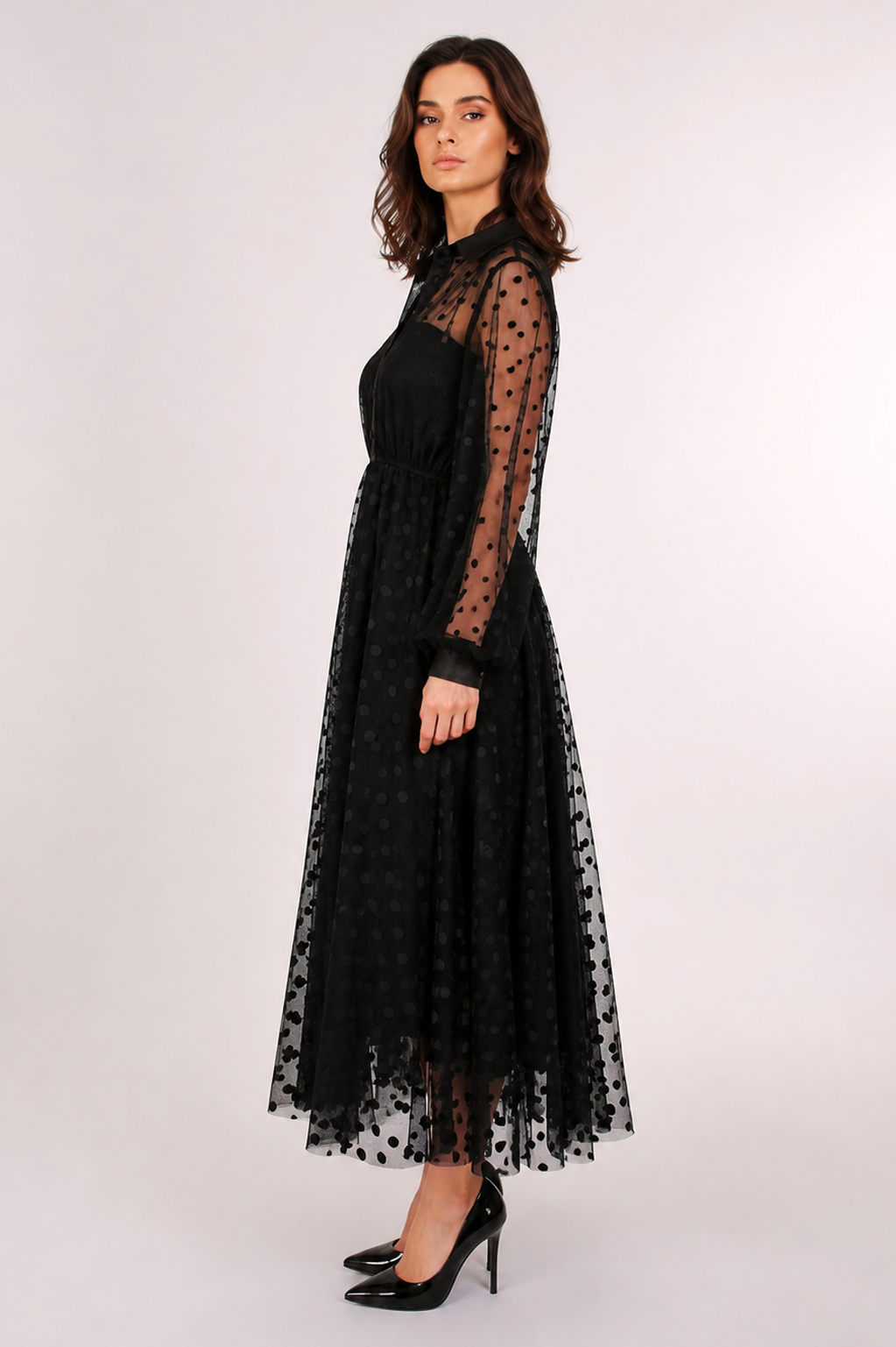 Samantha Polka Dot Printed Sheer Maxi Shirt Dress - Shop Beulah Style
