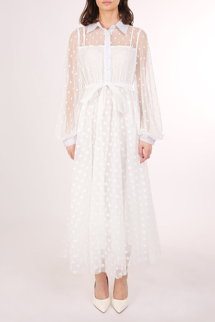 Honda Polka Dot Printed Sheer Maxi Shirt Dress - Shop Beulah Style