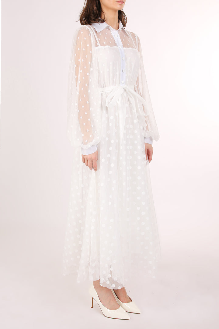 Honda Polka Dot Printed Sheer Maxi Shirt Dress - Shop Beulah Style