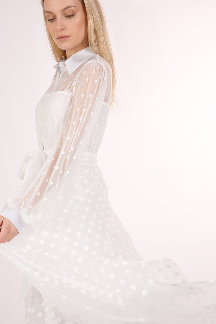 Samantha Polka Dot Printed Sheer Maxi Shirt Dress - Shop Beulah Style