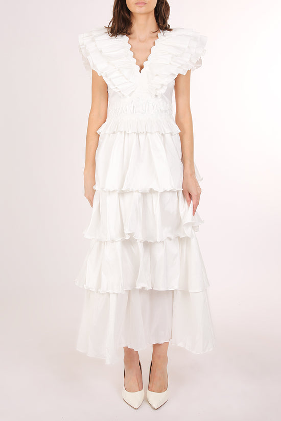 Eliana Tiered Ruffled Detail Lace Trim V-Neck Maxi Dress - Shop Beulah Style