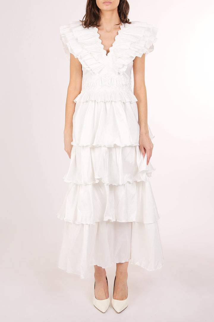 Eliana Tiered Ruffled Detail Lace Trim V-Neck Maxi Dress - Shop Beulah Style