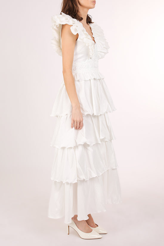 Eliana Tiered Ruffled Detail Lace Trim V-Neck Maxi Dress - Shop Beulah Style