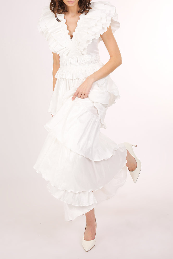 Eliana Tiered Ruffled Detail Lace Trim V-Neck Maxi Dress - Shop Beulah Style