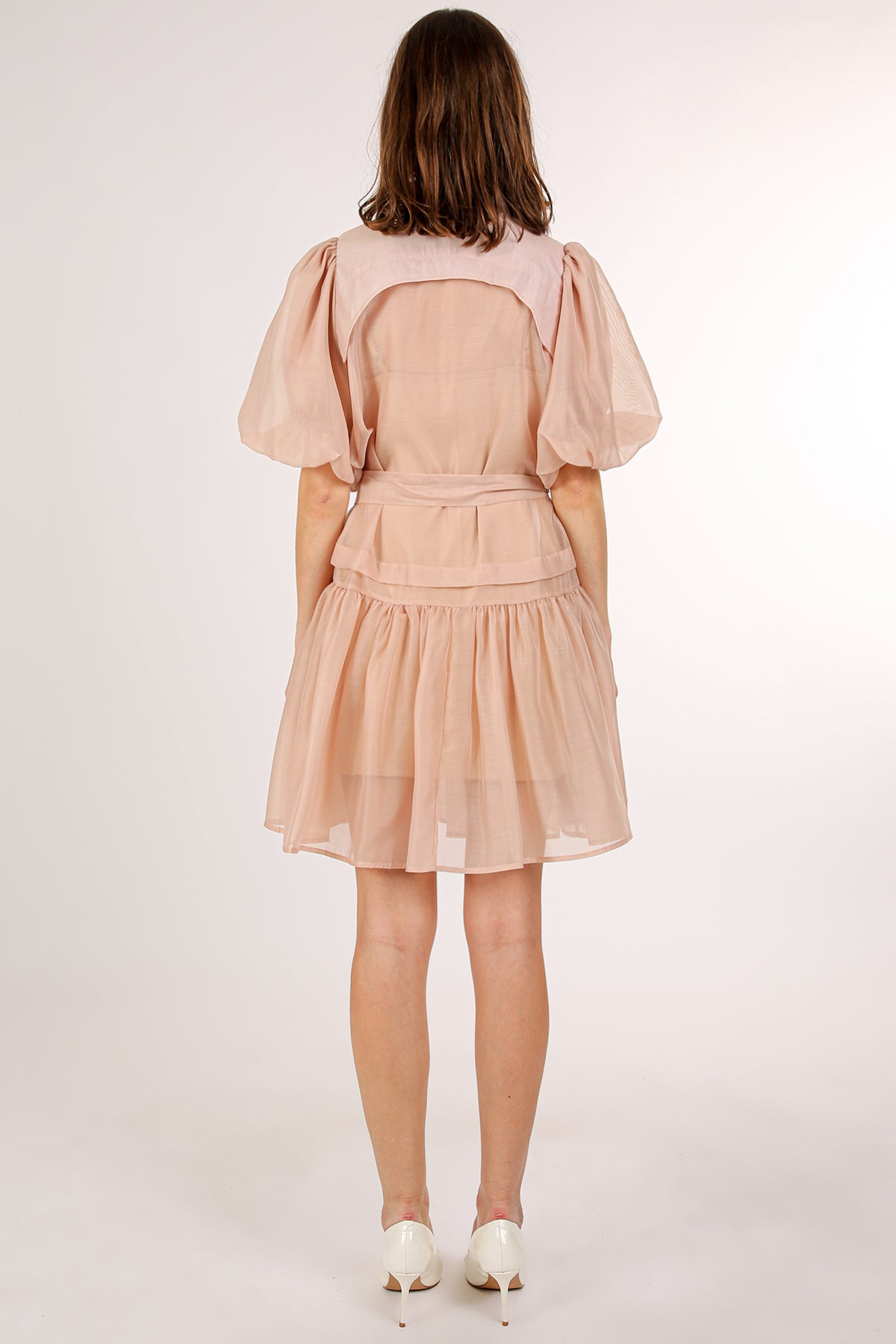 Arden Sheer Belted Puff Flounce Mini Button Up Dress - Shop Beulah Style