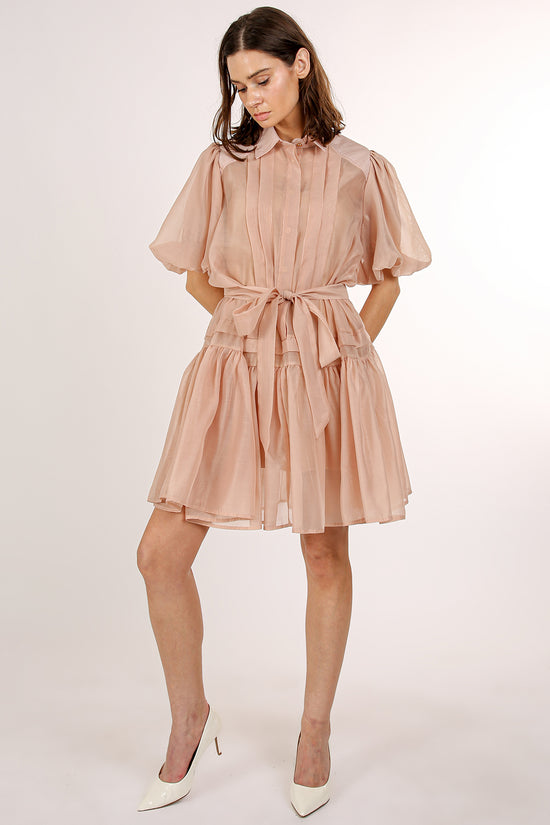 Arden Sheer Belted Puff Flounce Mini Button Up Dress - Shop Beulah Style