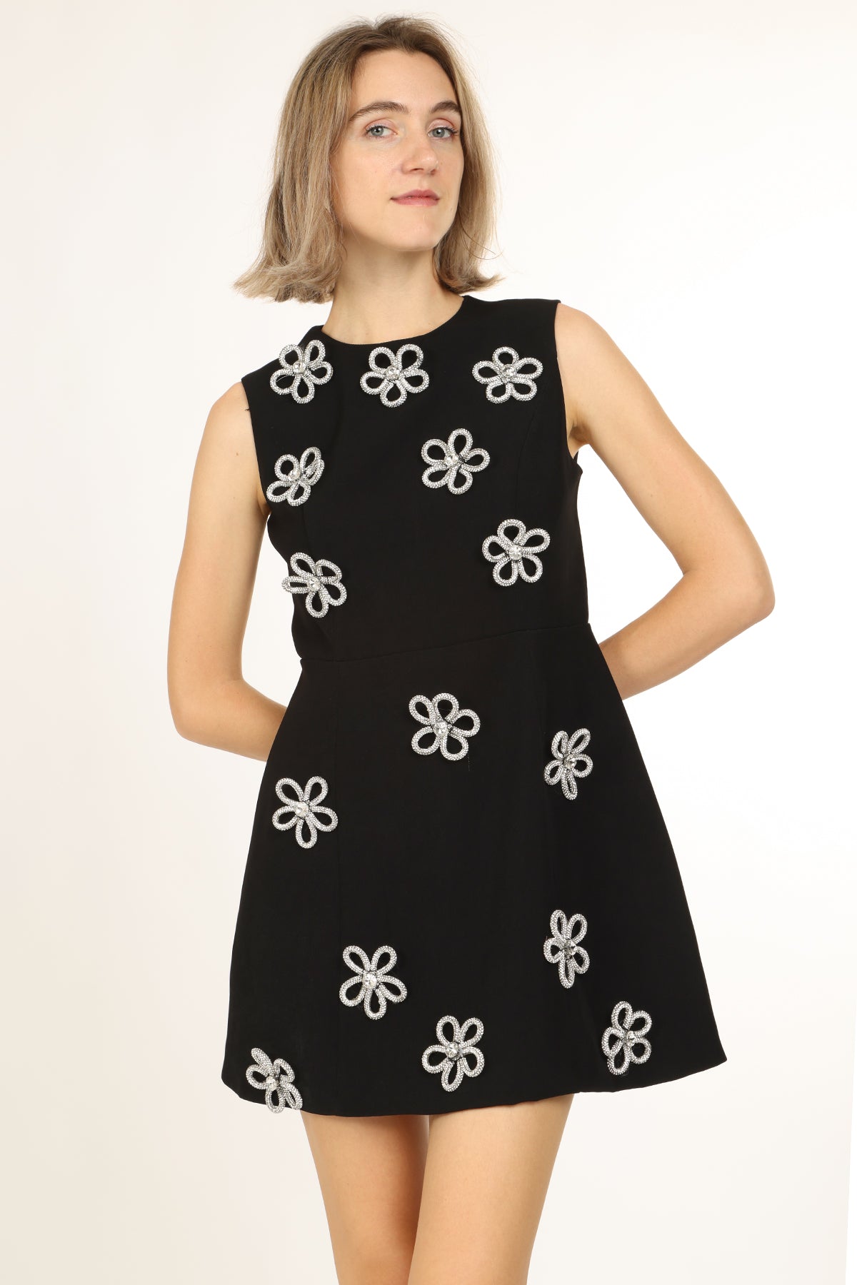 Alyssa 3D Embellished Rhinestone Flower Mini Sheath Dress