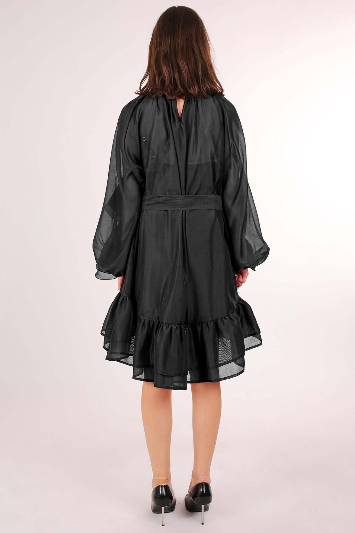 Thea Ruffled Trim Detail Belted A-Line Sheer Midi Dress - Shop Beulah Style