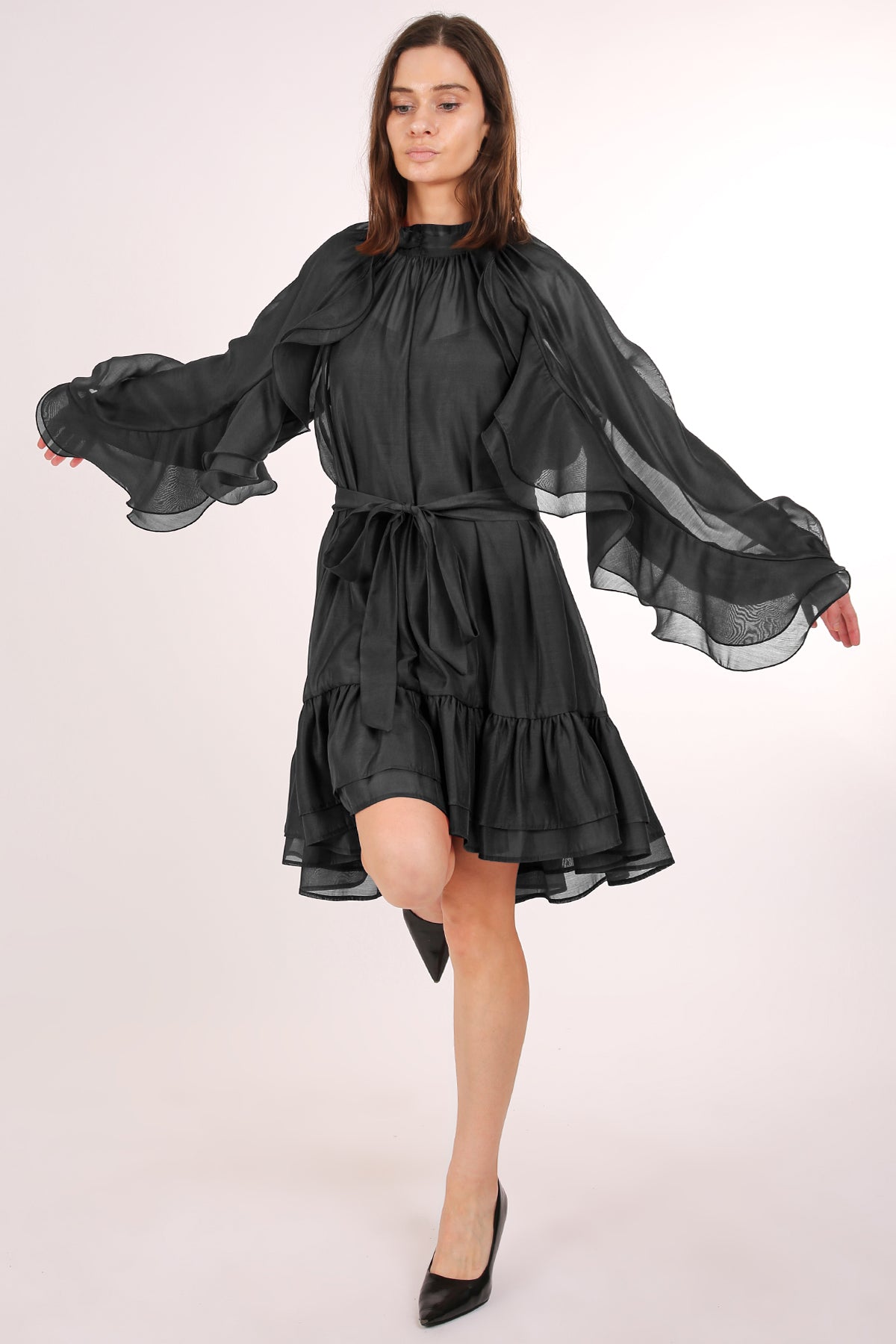 Thea Ruffled Trim Detail Belted A-Line Sheer Midi Dress - Shop Beulah Style